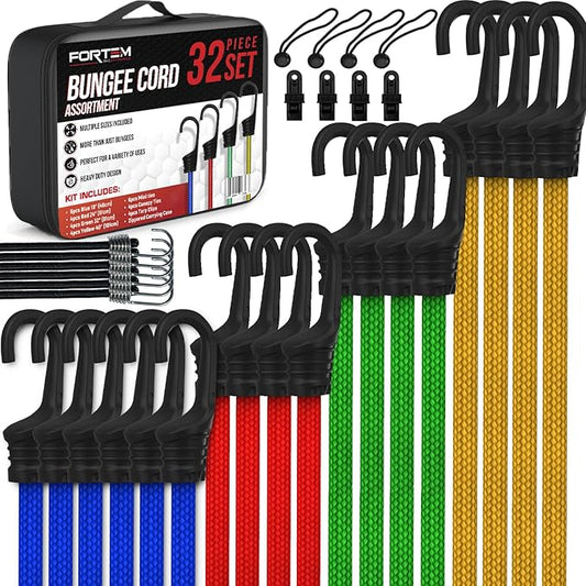 FORTEM Bungee Cord Assortment, 32pk Bungee Cords Multi Pack, Includes 10", 18", 24", 32", 40" Bungees and 8" Canopy/Tarp Ball Ties, Plastic Coated Metal Hooks