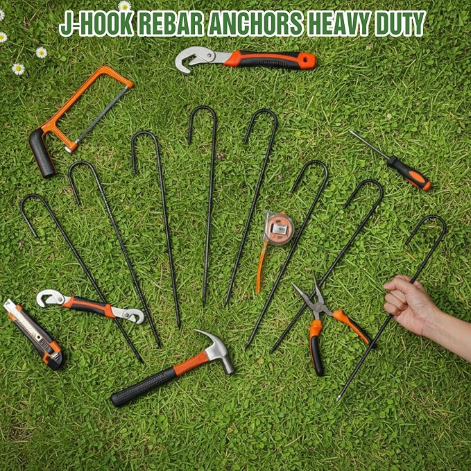 Gisafai 20 Pcs 16 Inch J Hook Rebar Stakes, Garden Ground Stakes Heavy Duty Tent Stake Ground Anchors Steel Plant Support Stake Long Straight Metal Spikes with Chisel Point End for Concrete Timber