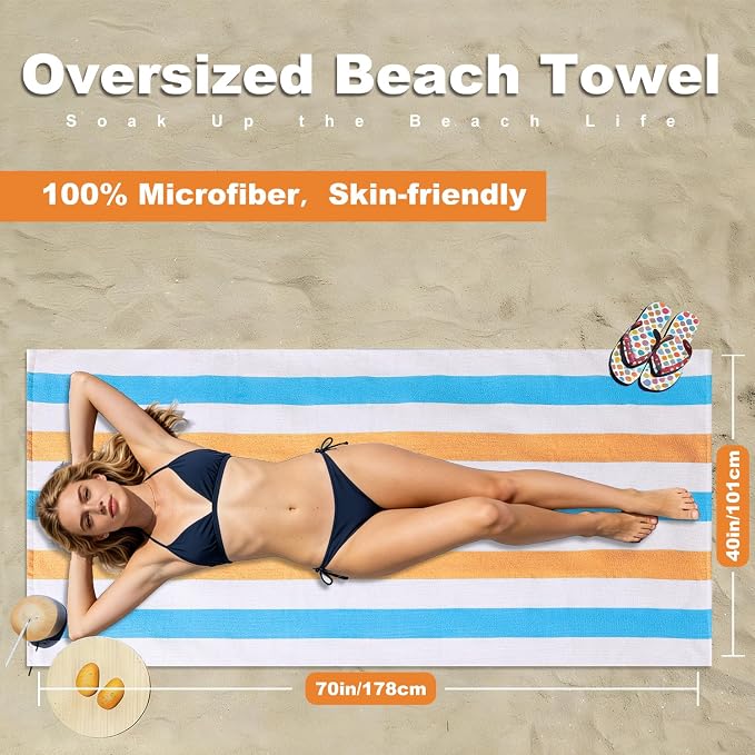 Jessy Home 4 Pack Striped Oversized Beach Towel Set, 40x70 Inch Microfiber Sandproof Quick Dry Super Soft Swim Towels, Absorbent Stylish Pool Towels, Swim Cover Up for Beach Vacation Travel
