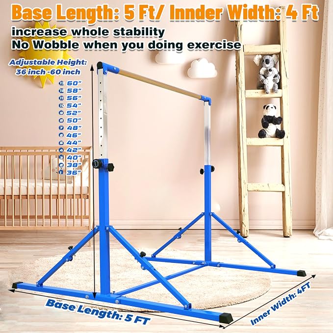 MARFULA 4FT/5FT Gymnastic Bar Set Gymnastics Kip Bar with 5 Ft Length 4Ft Inner Width 5ft Adjust Height Gymnastics Training Bar Equipment for Kids Professional Training Home and Club Use