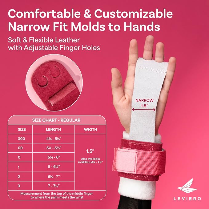Gymnastics Grips Set Narrow Nippers, Grips for Gymnastics Girls, Dowel Grips with Soft Leather, Hook and Loop Wrist Straps, and Adjustable Finger Holes, for All Ages