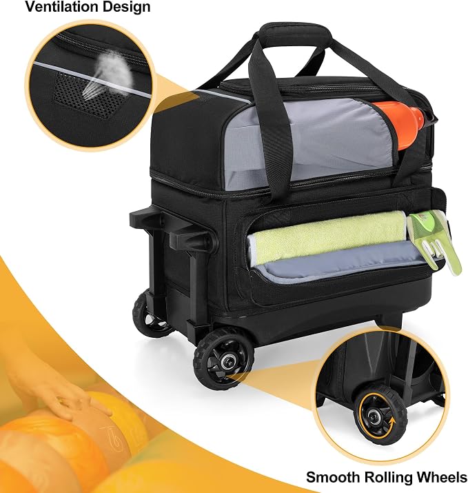 GOBUROS Single Ball Roller Bowling Bag with Wheels and Retractable Handle Extends to 35.4 Inches, Single Bowling Ball Bag with Shoe Compartment and Multiple Accessory Pockets, Black and Gray