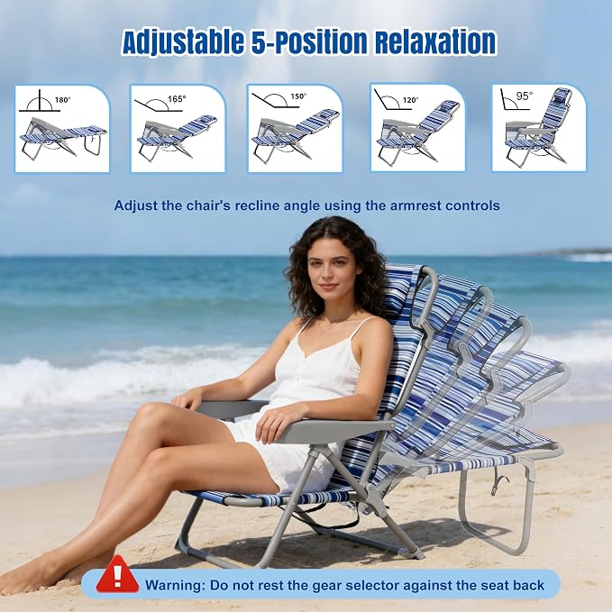 DIAMONDFORGE 2 Pack Lightweight Portable Beach Chair for Adults, 350 LBS Capacity Backpack Beach Chair, Reclining Beach Chair with 5-Position Lay Flat, Large Cup Holder for Beach Camping Sports, Blue