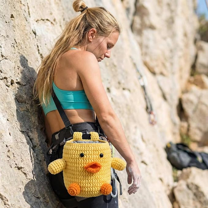 Handmade Crochet Rock Climbing Chalk Bag, Fun Plush Animal Chalk Pouch with Drawstring, Adjustable Waist Belt for Indoor Outdoor Bouldering Sport Climbing