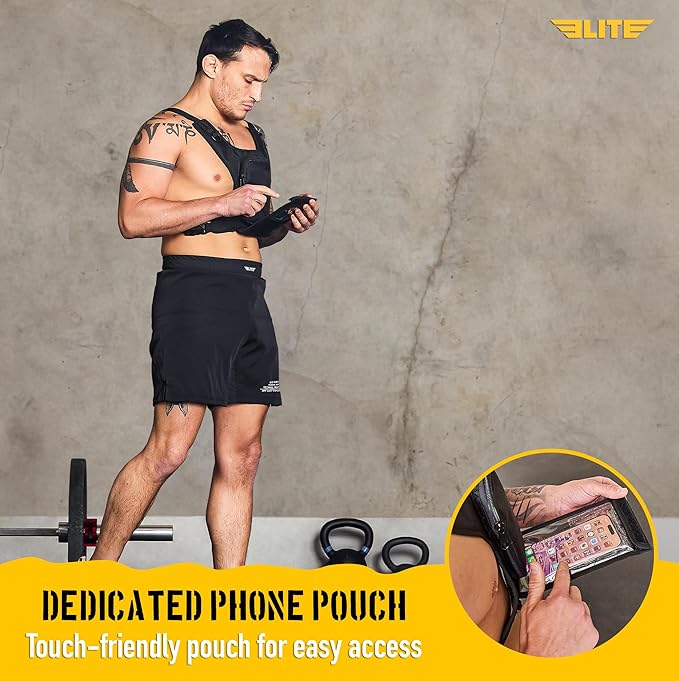 Elite Sports Running Vest w/Phone Holder for Men/Women, Reflective Lightweight Chest Pack w/Touch Friendly Phone Sleeve, Camera Pocket - Chest Rig for Hiking, Trail, Marathon, Camping