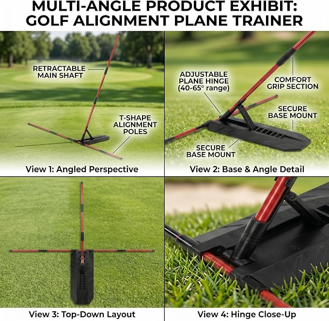 Golf Alignment Stick Holder Adjustable Angle Swing Trainer Aid Fiberglass Rods PVC Sleeve Plane Corrector Portable ABS Base for Men Women Putting Drills Red Black