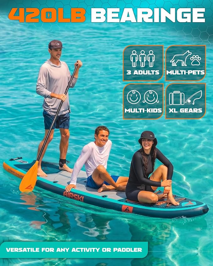 11'x34'' Extra Wide Inflatable Paddle Board, Stand-up Paddleboard for Adults, 420lb Capacity, Anti-Slip EVA, Stand-up Paddle Board for Yoga/Fishing/Family, US Fin, High-Pressure Pump, 100L Bag