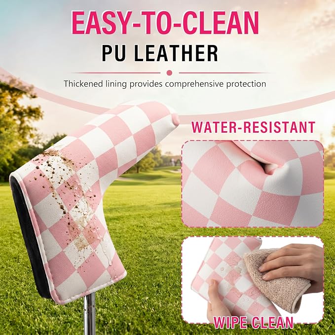 13 Pcs Pink Golf Accessories Kit, Checkered PU Leather Blade Putter Headcover, Water-Resistant & Easy-to-Clean, Magnetic Ball Marker, Tees, Divot Tool, Towel & Brush, Gift for Women Girls