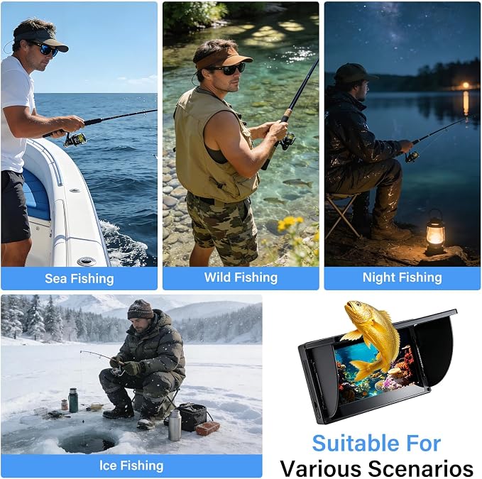 Underwater Fishing Camera,6 Inch Fish Finder Depth Finder, Portable Fishfinder with 1280 * 720 AHD Display, 80FT/Waterproof IP68, for Kayak/Boat/Ice Fishing, Includes Transducer & Mounting Kit