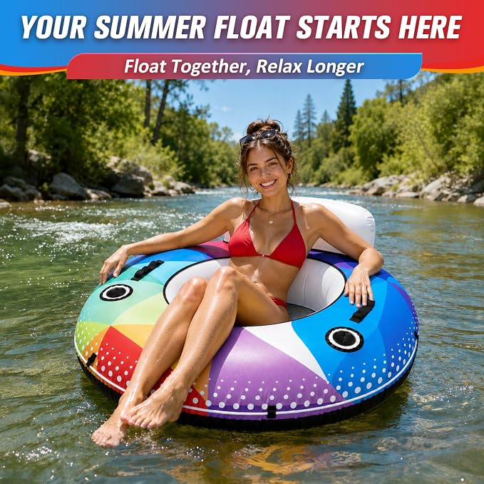 ZEALFEEL River Tube, 53'' River Float Tube with Premium Canvas Cover, Comfortable Backrest, 2 Built-in Cup Holders, Tow Strap & Handles, Inflatable PVC Water Inner Tubes for Adults Lake Pool Floating