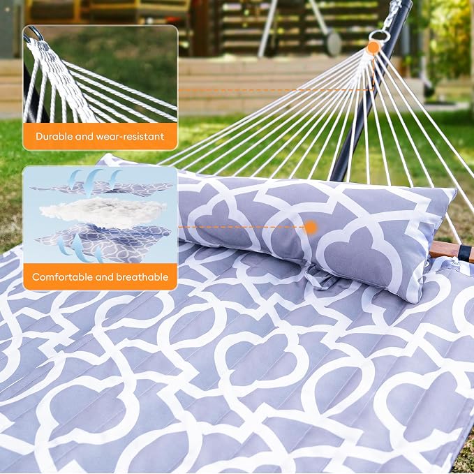 Everyfun Double Hammock with Spreader Bar,Soft Pillow,Max Load 500lbs,Portable Hammock for Outdoor,Camping,and Backyard,Mist Gray