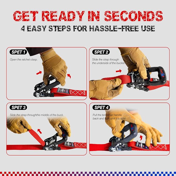 Ratchet Tie Down Straps, 5280lbs Break Strength, 1.6" x 8' Heavy Duty Ratchet Tie Down Strap Set with Padded Handles, Coated S Hook, Soft Loop for Trucks, ATV, UTV, Motorcycle, Cargo & More -Red