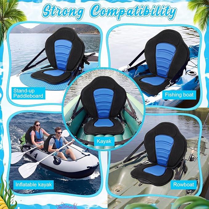 Vinsot Kayak Seat Cushion Universal Paddle Board Seat with Back Support Adjustable Non Slip Boat Chair Seats with 4 Straps and Storage Bag for Kayak Boat Sup Canoe