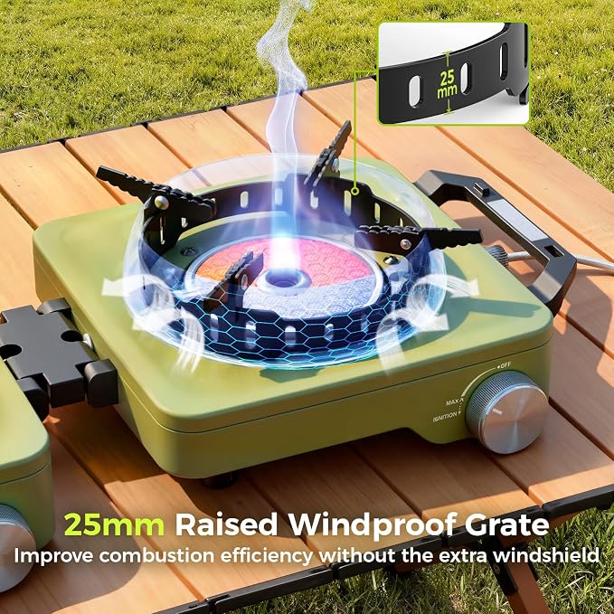 MoKo Propane Camping Stove 2 Burner, 36,000 BTU Infrared & Open Flame Hybrid, Windproof Folding Portable Outdoor Gas Cooking Kit with Frying Pan & Carry Bag For RV, Tailgating, Survival, Green