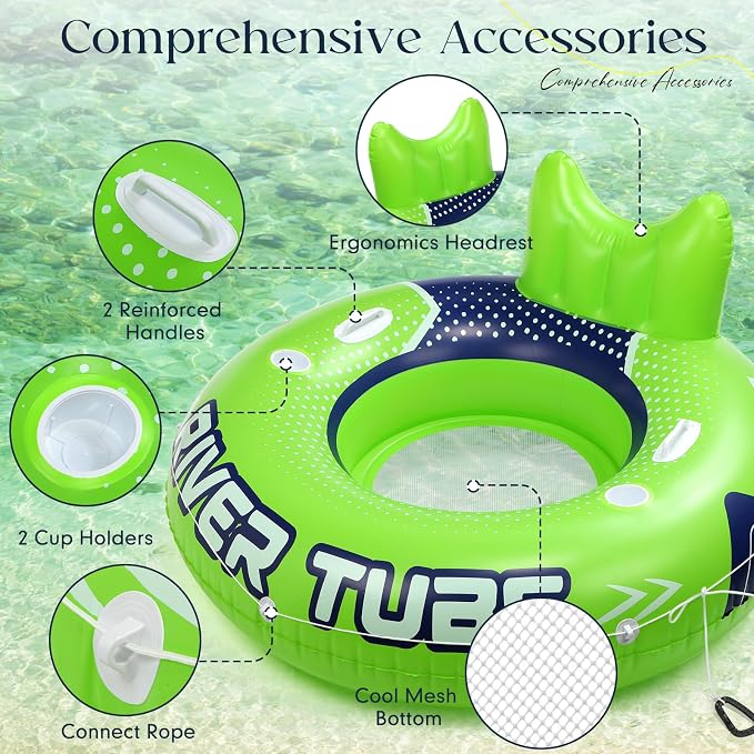 8 Pcs 53'' River Tubes for Floating Heavy Duty Inflatable River Floats for Adults Large Lake Tube Float with 2 Cup Holders & Comfortable Backrest Recreational Pool Water Rafts Holds 300lb