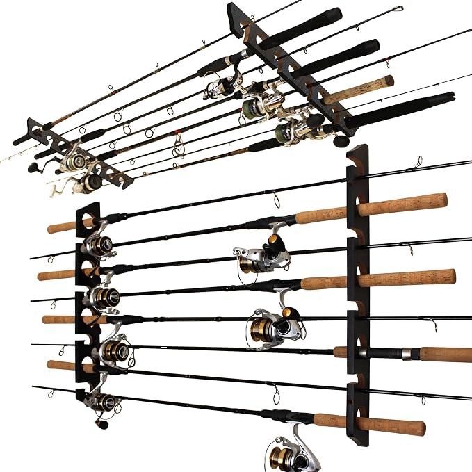 Rush Creek Creations 8 Fishing Rod Wall or Ceiling Storage Rack, Vertical or Horizontal Holder for Garage, 8 Rod and Reel Combo Capacity