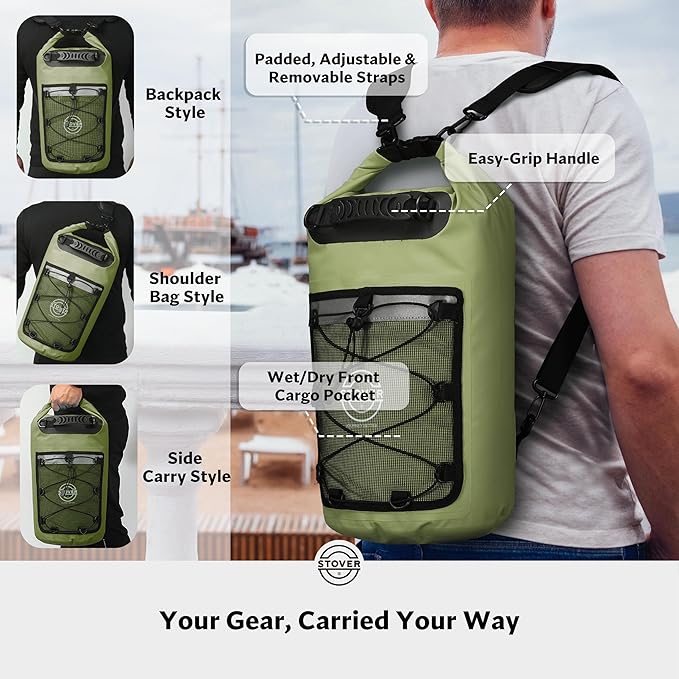 STOVER 5/10/25/30/40/55L Waterproof Dry Bag- Roll-Top Backpack w/Phone Case- Kayaking, Hiking, Camping, Boating- Men/Women