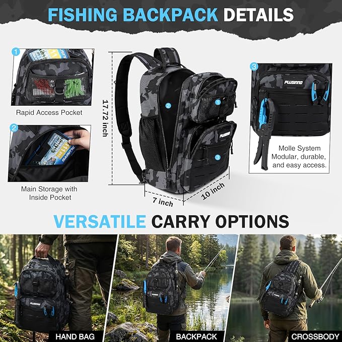 PLUSINNO Fishing Backpack with Fishing Gear Fishing Net, Waterproof Tackle Backpack with Rod Holders, Tackle Box, Lures, Tools, Pliers & Accessories, Fish Gifts for Men