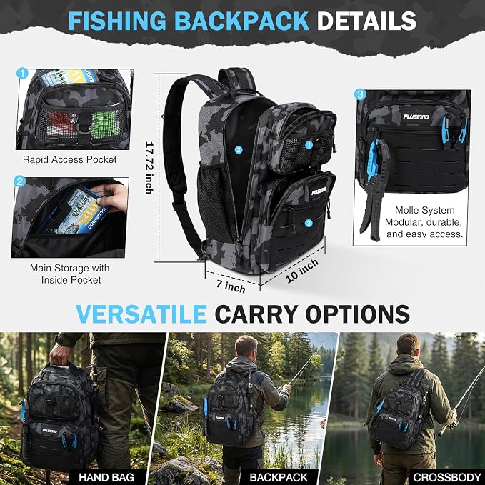 PLUSINNO Fishing Gear, Fishing Backpack with Tackle Box, Waterproof tackle Backpack with Rod Holders, Lures, Tools, Pliers & Accessories, Fish Gifts for Men