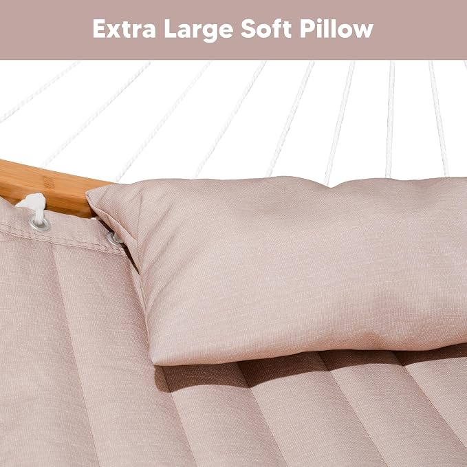 SUNCREAT 55 Inch Large Double Hammock with Stand, 450lbs Capacity, Outdoor Portable Hammock with Curved Spreader Bar, Extra Large Pillow, Tan