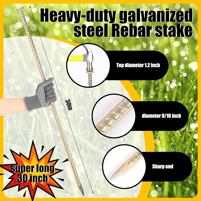 Pelopy 8 Pack 30 Inch Long Rebar Stakes 9/16 Inch Diameter Heavy Duty Galvanized Steel Ground Anchors with Chisel Point Ends Ground Stake for Speed Bumps Wheel Stop Tent Concrete Plant Support