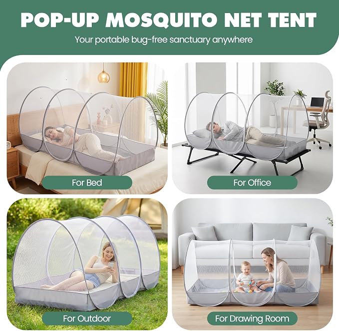 Orzbow Large Mosquito Net | Portable Pop Up Mosquito Tent for Insect, Fly & Bug Protection with Charging Cable Access and Storage Pocket for Bed, Camping, Beach, Travel, Outdoor, 74.8" x 35.4" x 33.4"