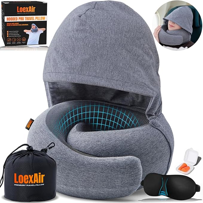 LOEXAIR™ Hooded Pro Travel Pillow - Memory Foam Neck Support Pillow for Airplane, Flight - Super-Soft Pure Cotton Fabric, Maximum Privacy & Light-Block Design, Lightweight Full Travel Kit - Light Grey