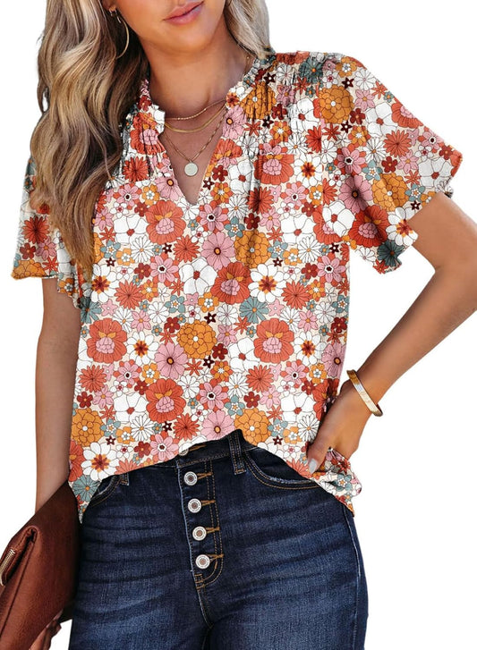 SHEWIN Women's Casual V Neck Floral Print Smocked Short Sleeve Chiffon Blouses Bohemian Top Shirts