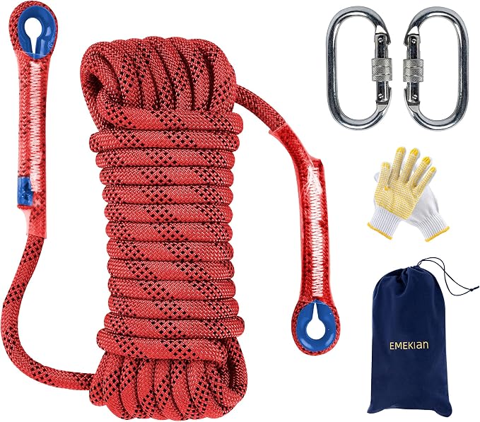 Indoor Outdoor Climbing Rope, 10/12/14mm (32FT/49FT/65FT/98FT) Static Rock Climbing Rope for Escape Rope, Ice Climbing Equipment, Fire Safety Rescue Rope, with Non Slip Gloves