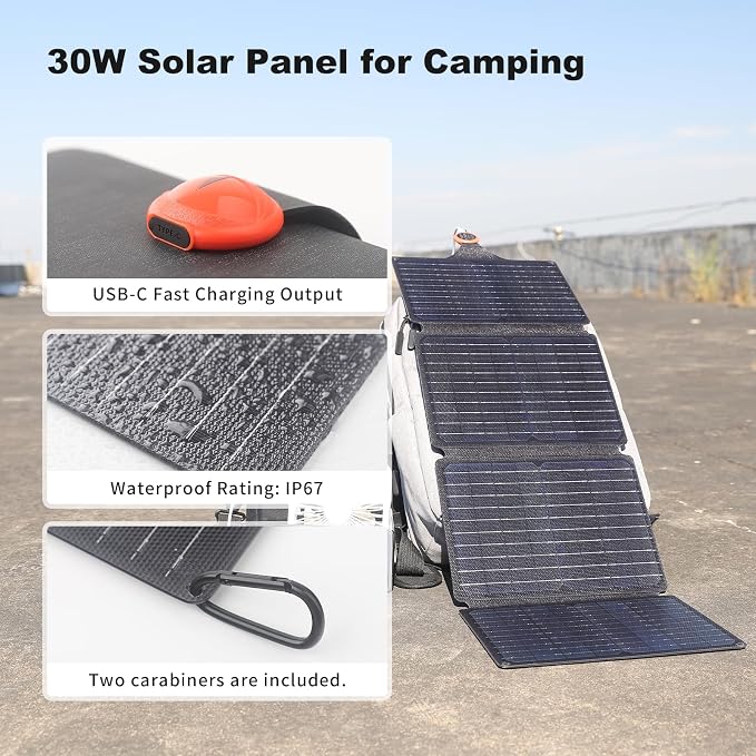 EYONGPV 30W Portable Foldable Solar Panel & Solar Charger with Croc-Eye USB-C PD Fast Charging Output, IP67 Waterproof Compact Solar Charger for Phones, Power Banks, Camping, Hiking, Backpacking