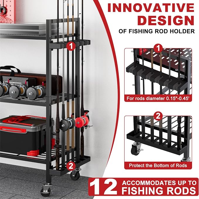 Fishing Rod Holders for Garage, Fishing Rod Stand with Wheels and Pegboard, 3-Tier Pole Storage Rack with 8 Hooks and 12 Rod Slots, Ideal for Tackle, Backpacks, and Gear Red