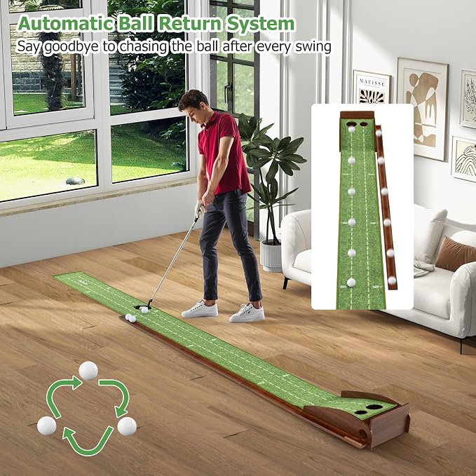 GYMAX Putting Mat, Golf Putting Green Indoor with 2/3 Hole, Golf Practice Mat with Auto Ball Return, Golf Training Aid Putter Alignment for Home Office, Golf Accessories Gift