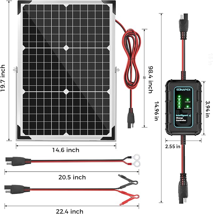 SUNAPEX 30W Solar Battery Charger: 12V Waterproof Solar Panel Kit - Aluminum Trickle Charger for Car Battery with Controller - Battery Tender Motorcycle Boat Marine RV Trailer Tractor Truck