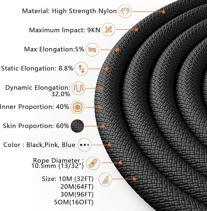 X XBEN Outdoor Climbing Rope 10M(32ft) 20M(64ft) 30M(96ft) 50M(160ft) 70M(230ft) 152M(500FT) 352M(1000FT) Static Rock Climbing Rope for Escape Rope Ice Climbing Equipment Fire Rescue Parachute