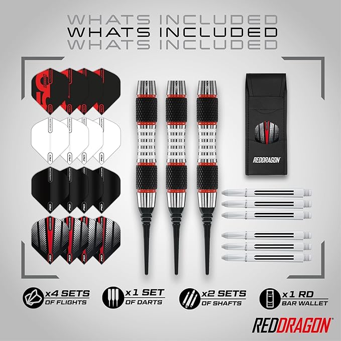 RED DRAGON Axis Professional Darts Set - 85% Tungsten Darts with Flights, Shafts & Wallet - Available in Multiple Colors, Soft Tip 18g and Steel Tip 24g - 28g
