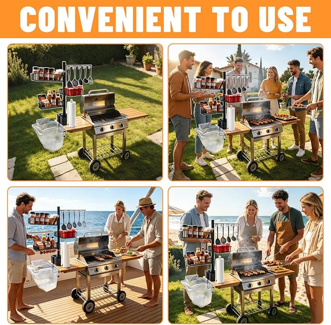 Griddle Caddy for Blackstone, 8-in-1 Outdoor Grill Organizer | Cup Holder, 2 Condiment Baskets, Garbage Bag & Paper Towel Holders, Hook Shelf & Pedestal Poles, For Camping BBQ RV Patio