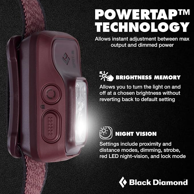 BLACK DIAMOND Spot 400-R Rechargeable Headlamp | 400 Lumens, Dimmable | Micro-USB Charging | Waterproof & Compact | Camping, Hiking, Running | BD Bordeaux