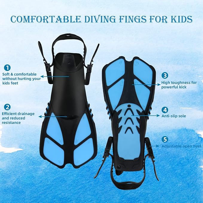 Kids Snorkeling Set - Adjustable Flippers + Panoramic Snorkel Mask + Dry Snorkel Tube + Travel Bags - Suitable for Kids & Juniors, Age 5-14