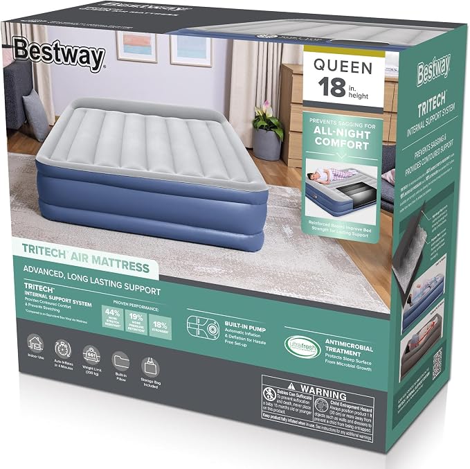 Bestway Tritech Air Mattress Queen 18” with Built-in AC Pump