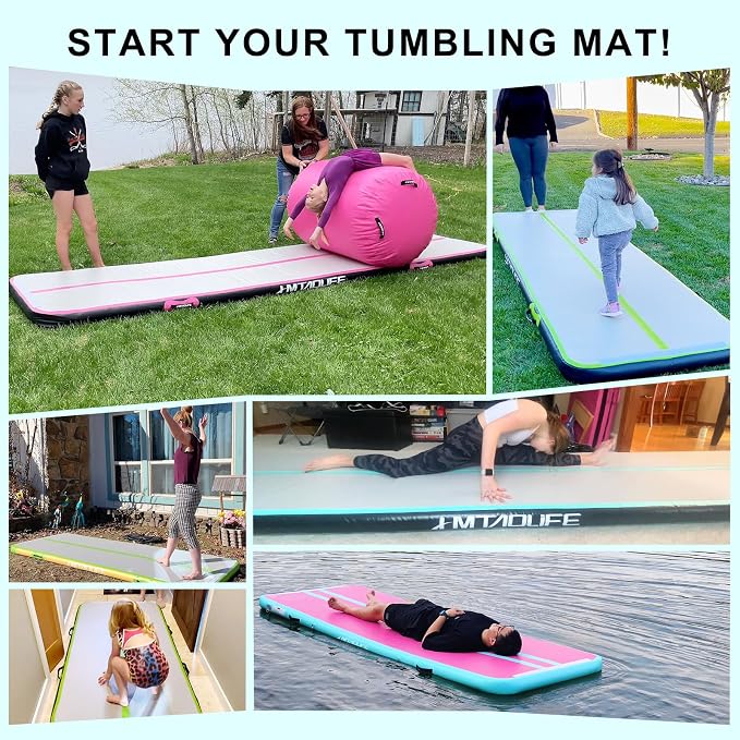 Inflatable Air Gymnastics Mat Tumble Track, 6.6/10/13/16/20ft Tumbling Mat Air Tumbling Track, Air Training Mat with Air Pump for Home/Water Fun/Gym/Yoga/Training/Cheerleading