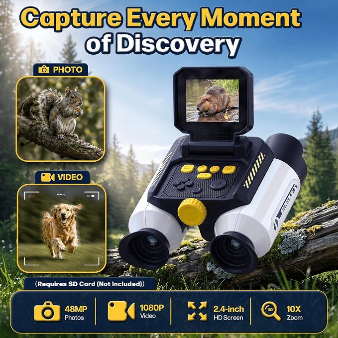 Binoculars for Kids with Night Vision,48MP Photo & 1080P Video | 10X Optical Zoom Digital Binoculars with 2.4" IPS Screen, 20 Built-in Games, STEM Outdoor Toys Gift for Boys Girls Age 4-12