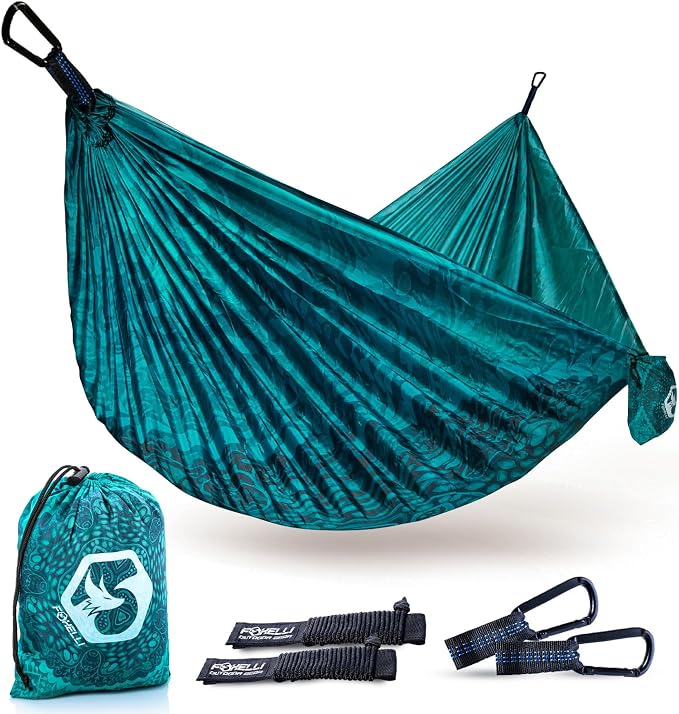 Foxelli Camping Hammock – Ultralight Hammock for Backpacking, Hiking, Festivals, Travel - Easy Setup with Tree-Friendly Ropes & Steel Carabiners, Heavy Duty Parachute Nylon