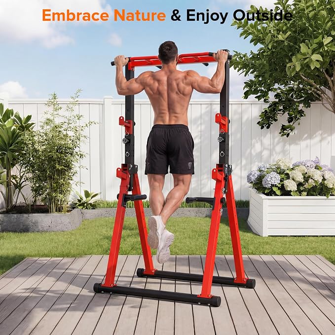700LBS Foldable Power Tower Pull Up Bar - Multi-function Power Tower Dip Station with Adjustable Height for Home Gym, Portable Free Standing Strength Training Equipment for Indoor & Outdoor