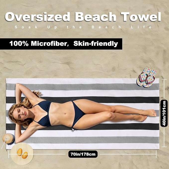 Jessy Home 4 Pack Striped Oversized Beach Towel Set, 40x70 Inch Microfiber Sandproof Quick Dry Super Soft Swim Towels, Absorbent Stylish Pool Towels, Swim Cover Up for Beach Vacation Travel