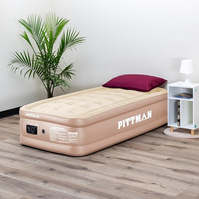 Pittman Outdoors Twin Air Mattress – 18” Tan Double High Design – Twin Size Mattress with Built-In Pump – Luxury Raised Sleeping Surface, 300lb Capacity, Quick Inflation, Ideal for Guest Bed & Travel