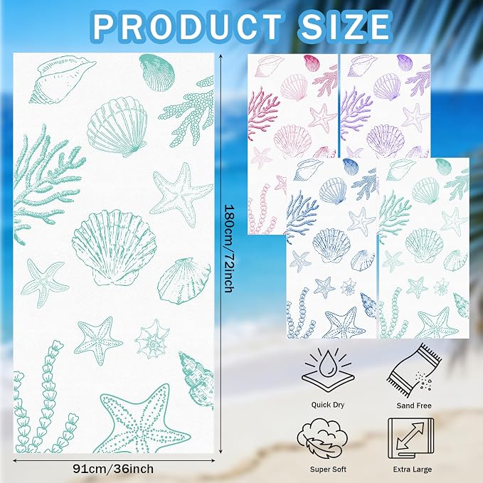 Tegeme 4 Pack Coastal Seashell Microfiber Thin Beach Towel Lightweight 71x36 Oversized Extra Large Sand Free Towels Quick Dry for Travel Pool Yoga Sports Beach Accessories Vacation Essential Gift