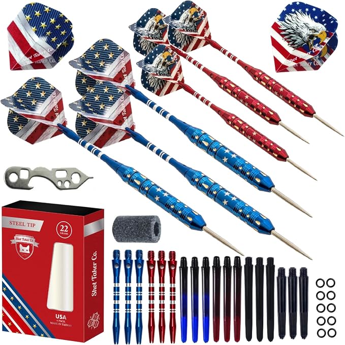 Steel Tip Darts Set - Professional Darts Steel Tip for Dartboard - Includes Brass Barrels + Plastic & Aluminum Shafts + Rubber O'Rings + Flights + Darts Sharpener + Wrench