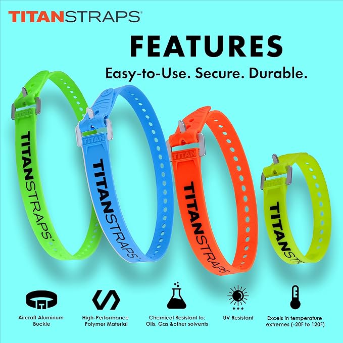 Titan Industrial Straps – Strong & Simple Tie-Downs for Construction (Welders, DIY Home) & 1st Responders – 3 Year Warranty, Batch Tested – 70 lb. Working Load, Multi-Color, Multi-Length, 4-Pack