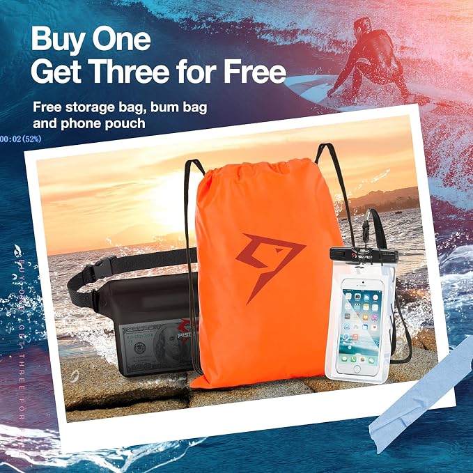 Piscifun Dry Bag Waterproof, Lightweight Dry Backpack Roll-Top Sealed with Waist Pouch and Phone Case Keeps Gear Dry Inside for Kayaking, Boating
