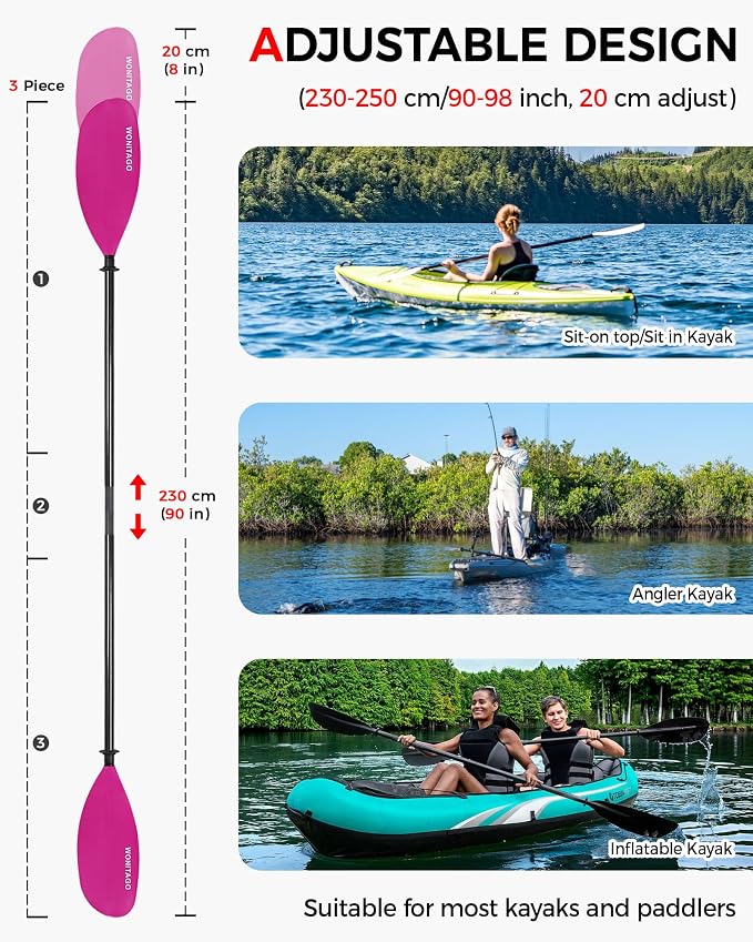 Kayak Paddle Carbon Fiber Shaft and Reinforced Nylon Blade, Adjustable Kayaking Oars, 3 Piece, 230-250 cm/90-98 Inches,210-230 cm/82-90 inches